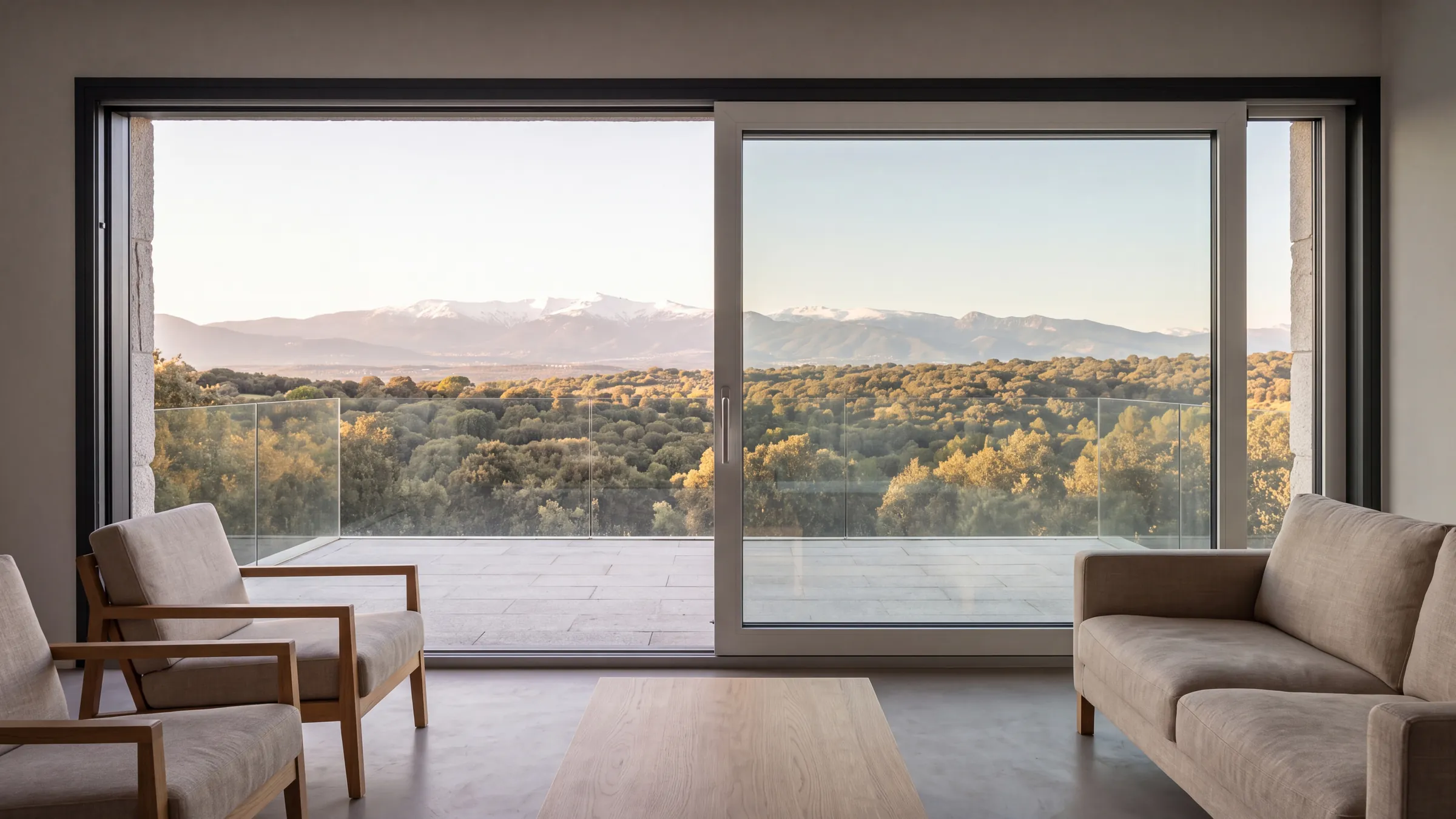 Casa moderna en ladera con un gran ventanal corredero que mira a la sierra de Guadarrama