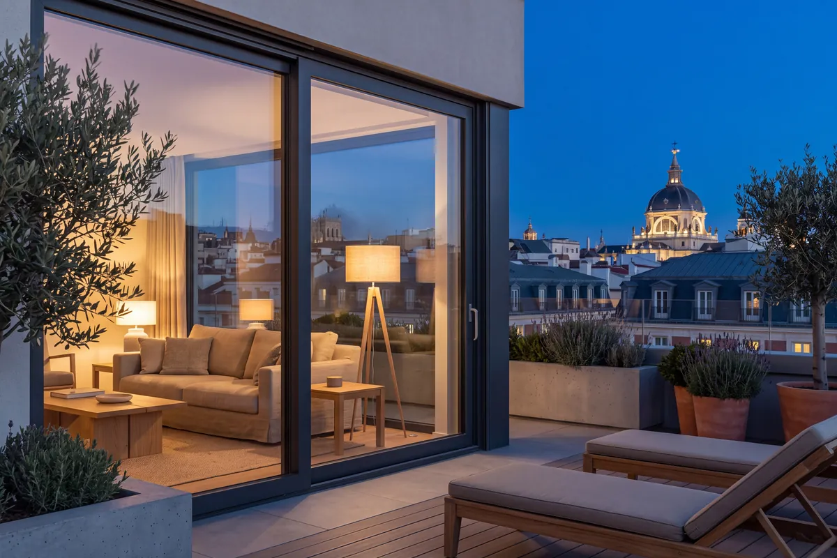 Ático iluminado al anochecer con una corredera de gran formato y la terraza en primer plano