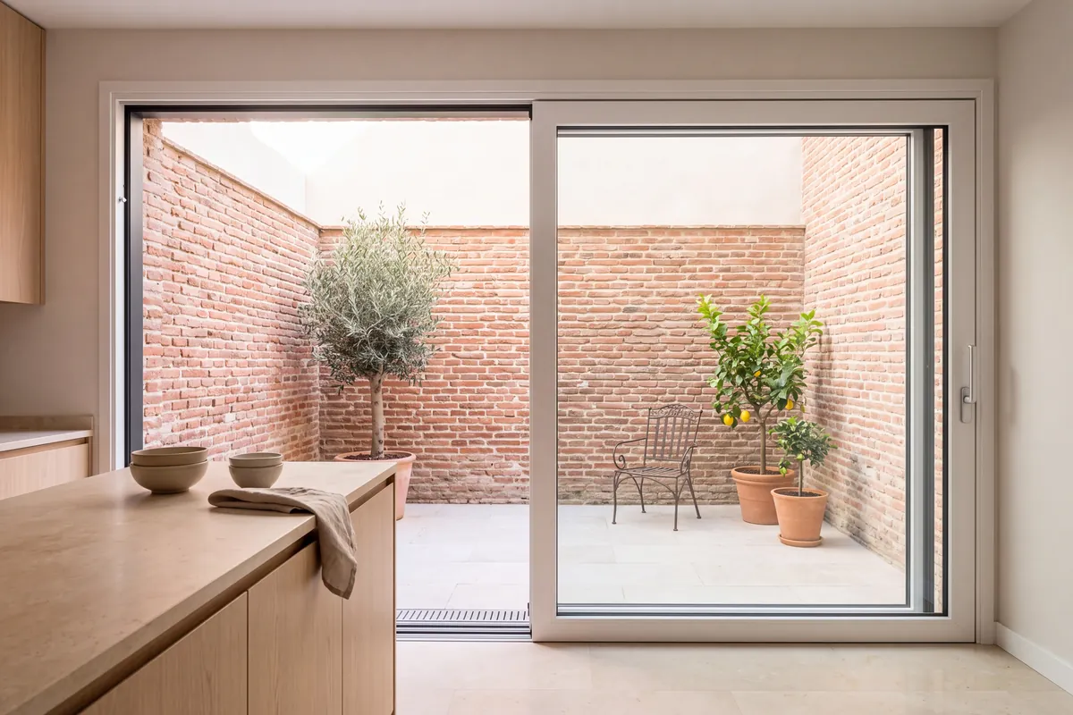 Cocina abierta a un patio a través de una corredera grande