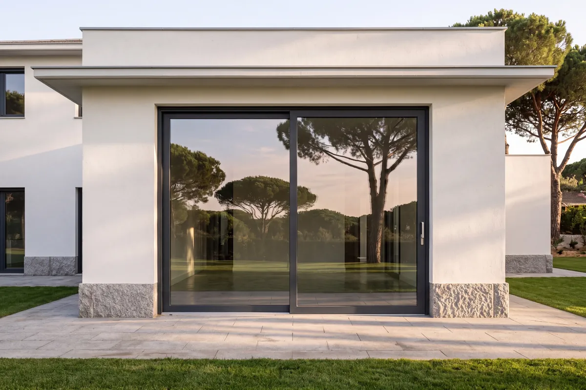 Fachada de una vivienda vista desde el jardín con un gran ventanal corredero de aluminio antracita