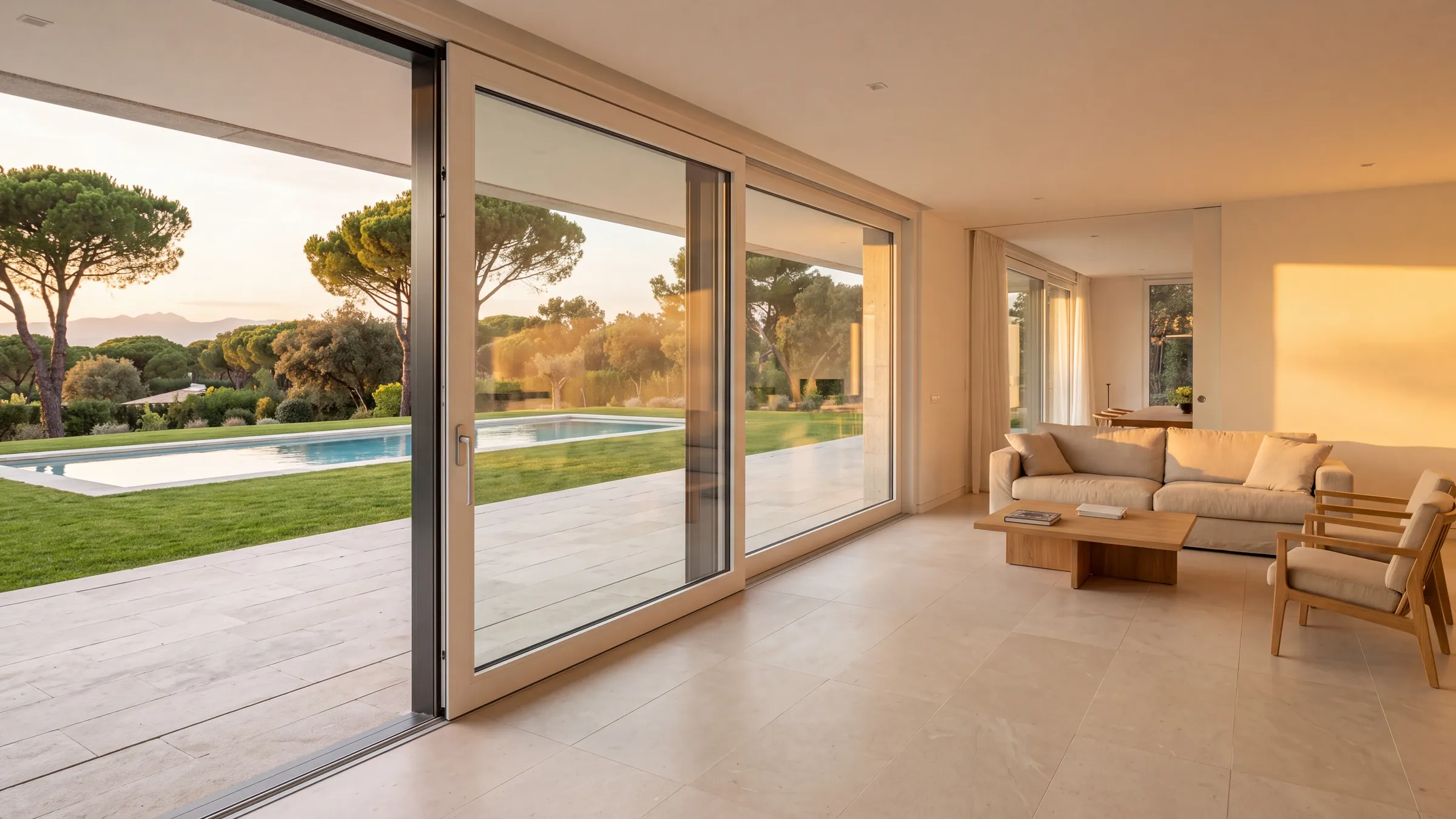 Salón de un chalet al atardecer con una corredera elevable de seis metros abierta hacia el jardín y la piscina; perfil exterior de aluminio antracita