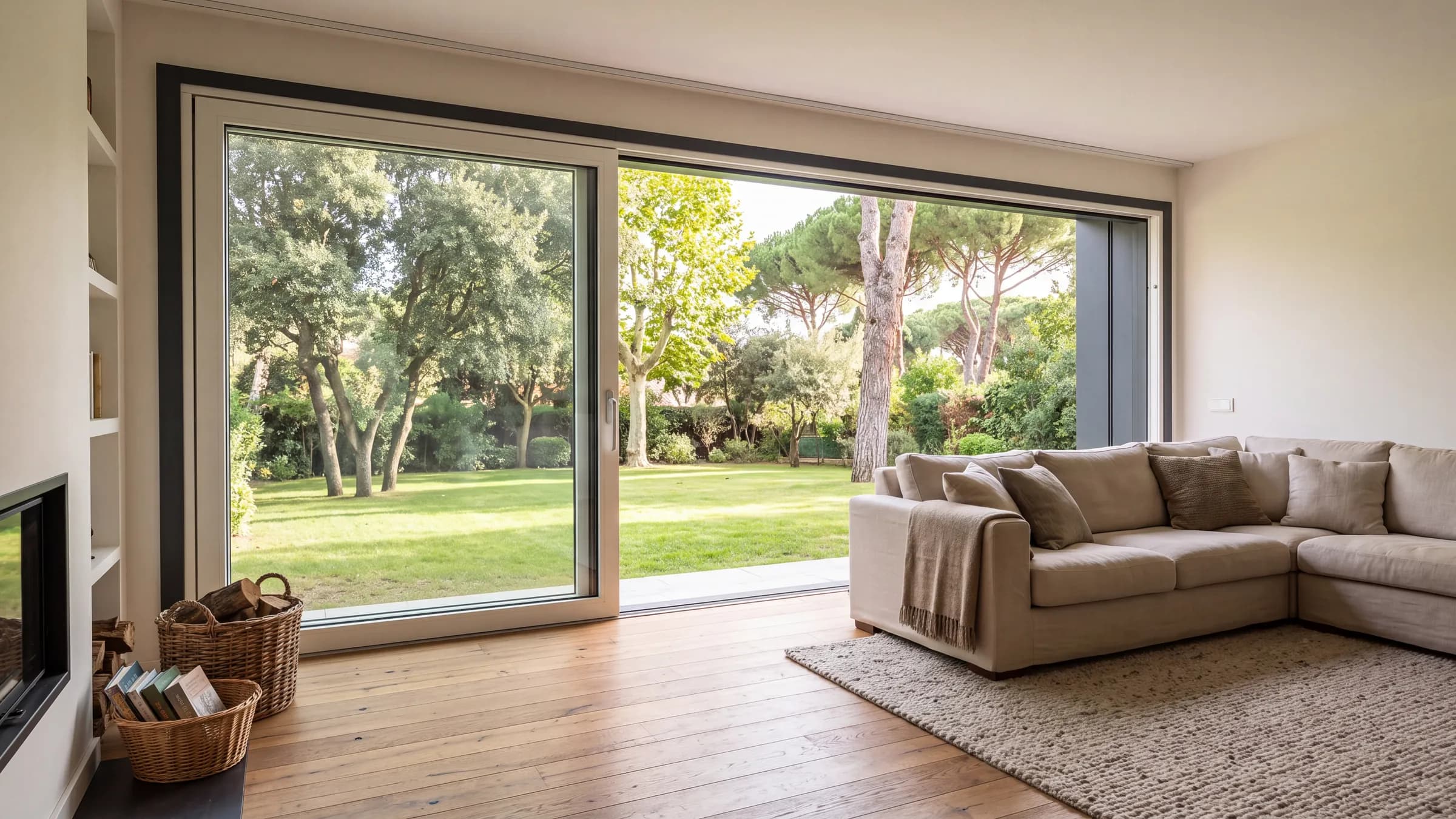 Salón familiar con una corredera elevable abierta a un jardín con césped y árboles