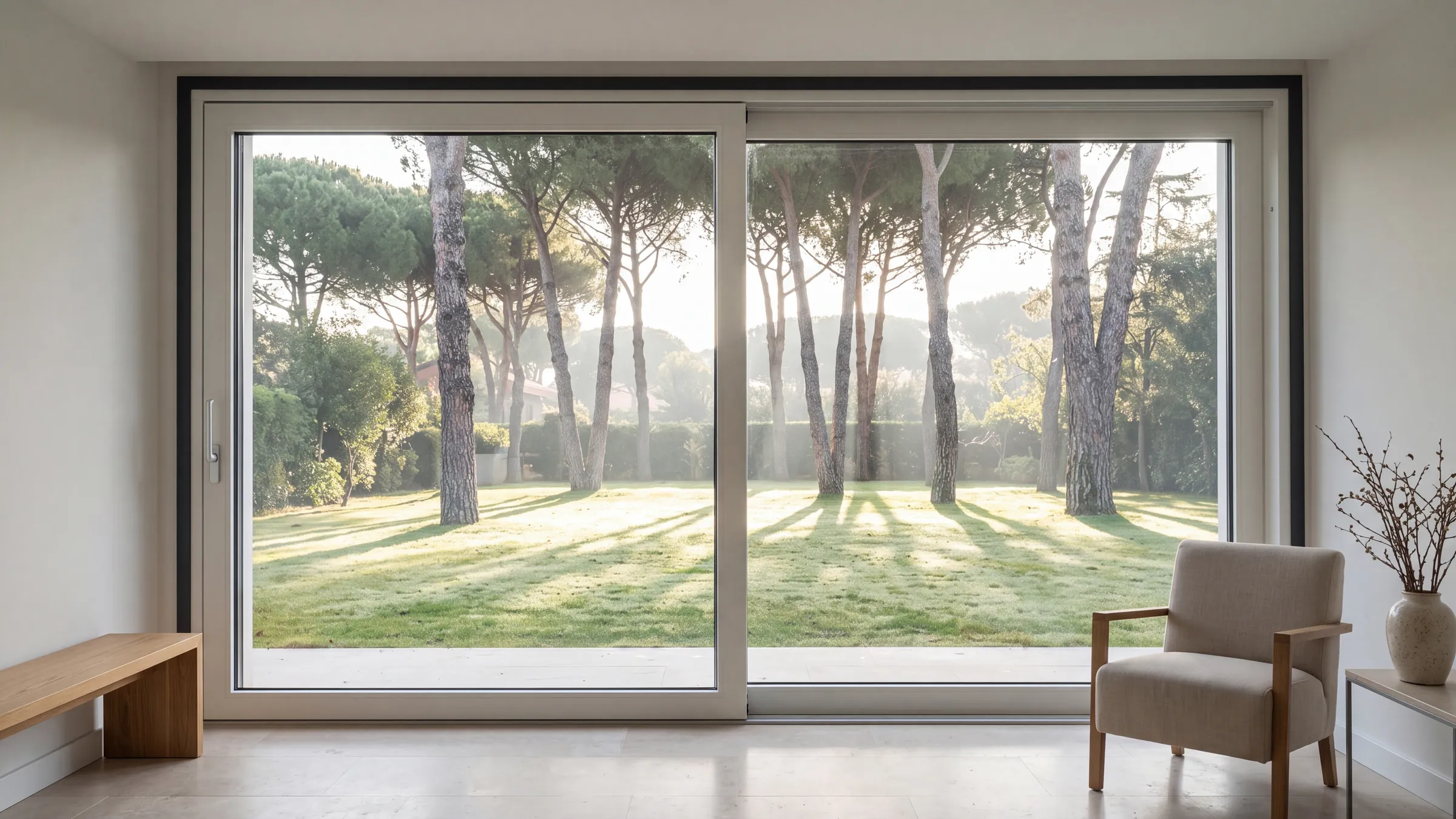 Salón de una vivienda unifamiliar contemporánea con una corredera elevable de aluminio antracita abierta a un jardín con pinos, con la luz baja de primera hora