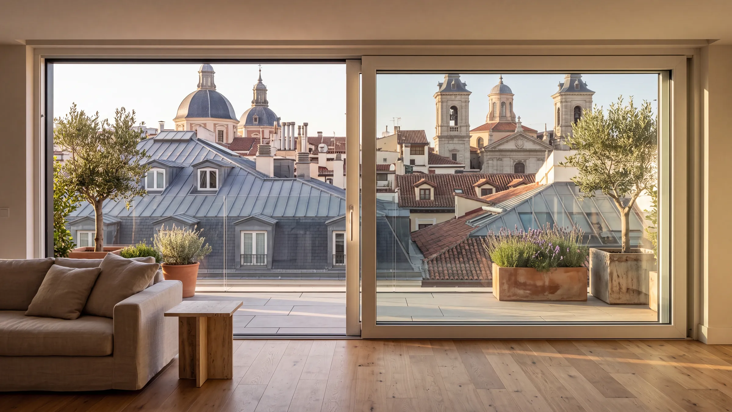 Ático con una corredera elevable abierta a la terraza: plantas, una mesa y los tejados de Madrid al fondo