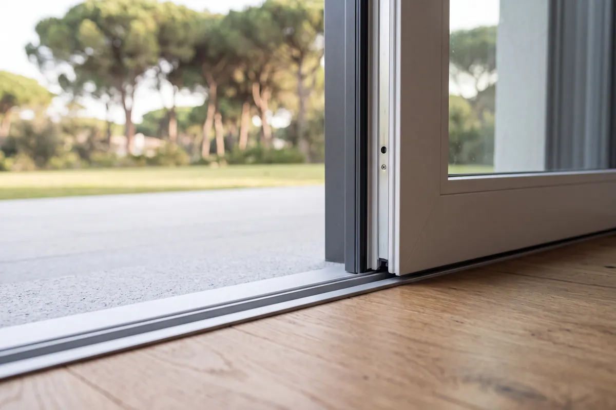 Detalle del umbral de una corredera elevable enrasado con el suelo interior, con el pavimento continuo hacia la terraza