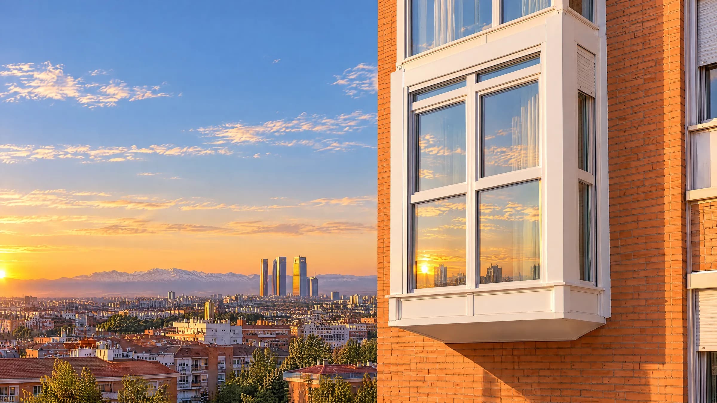 Mirador volado de PVC blanco en un edificio de ladrillo de Madrid al atardecer, con las torres de la Castellana y la sierra de Guadarrama al fondo