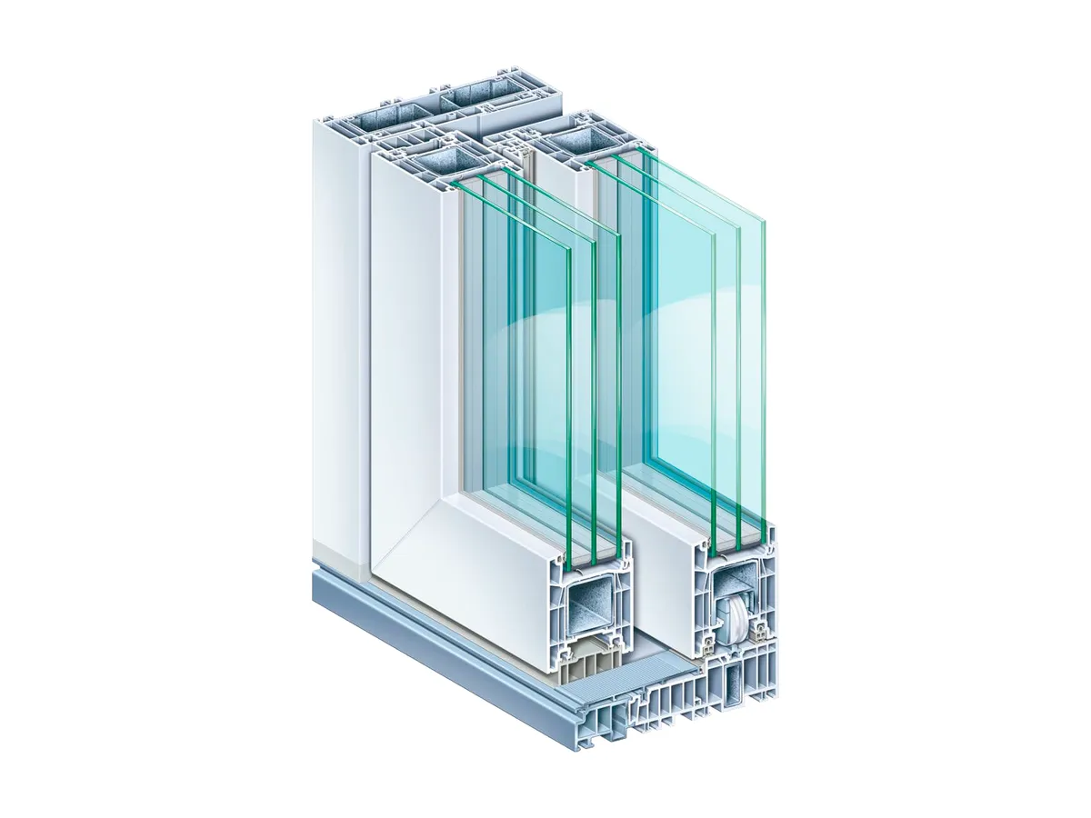 Corte del perfil de la corredera elevable PremiDoor76 de Kömmerling