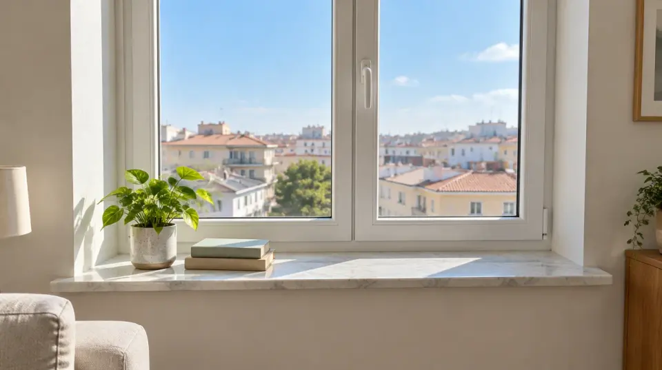Alféizar interior de mármol blanco bajo una ventana de PVC de dos hojas, con una planta en maceta y dos libros sobre la repisa