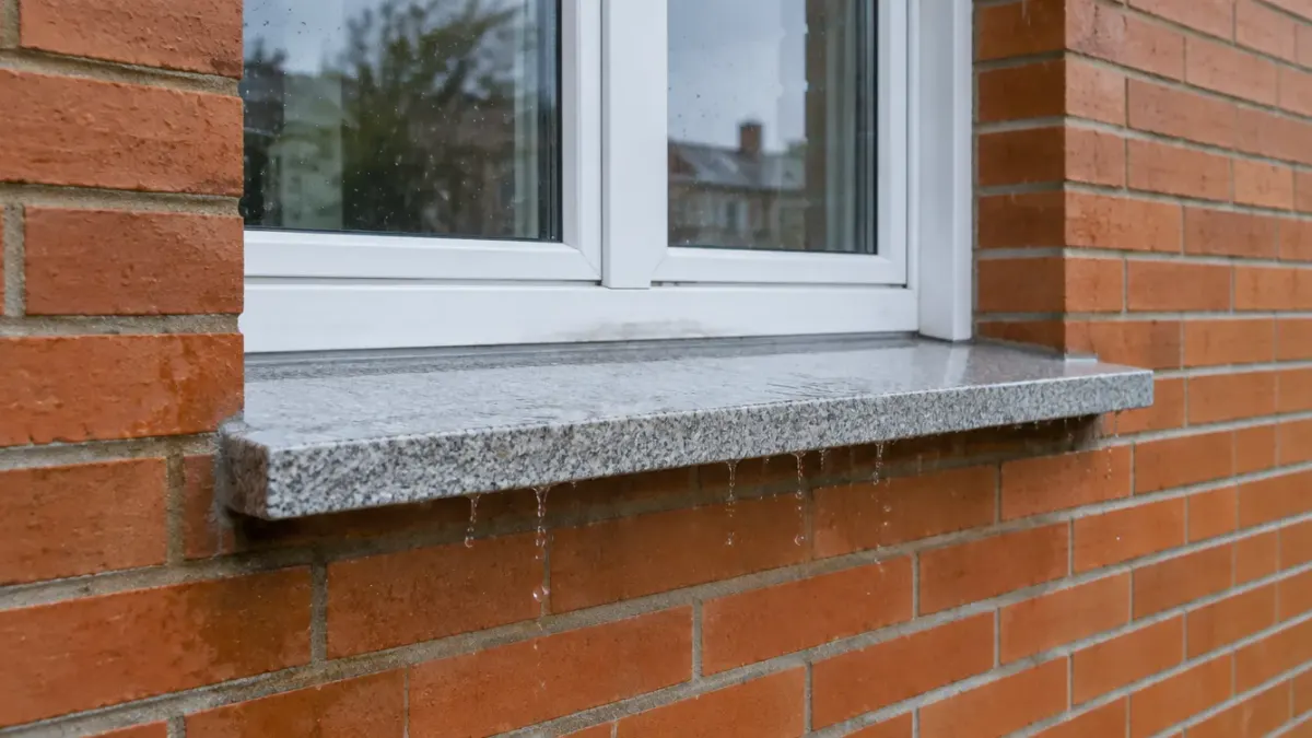 Ventana de PVC blanca en una fachada de ladrillo con un vierteaguas de granito que sobresale del muro mientras caen gotas de lluvia desde su borde