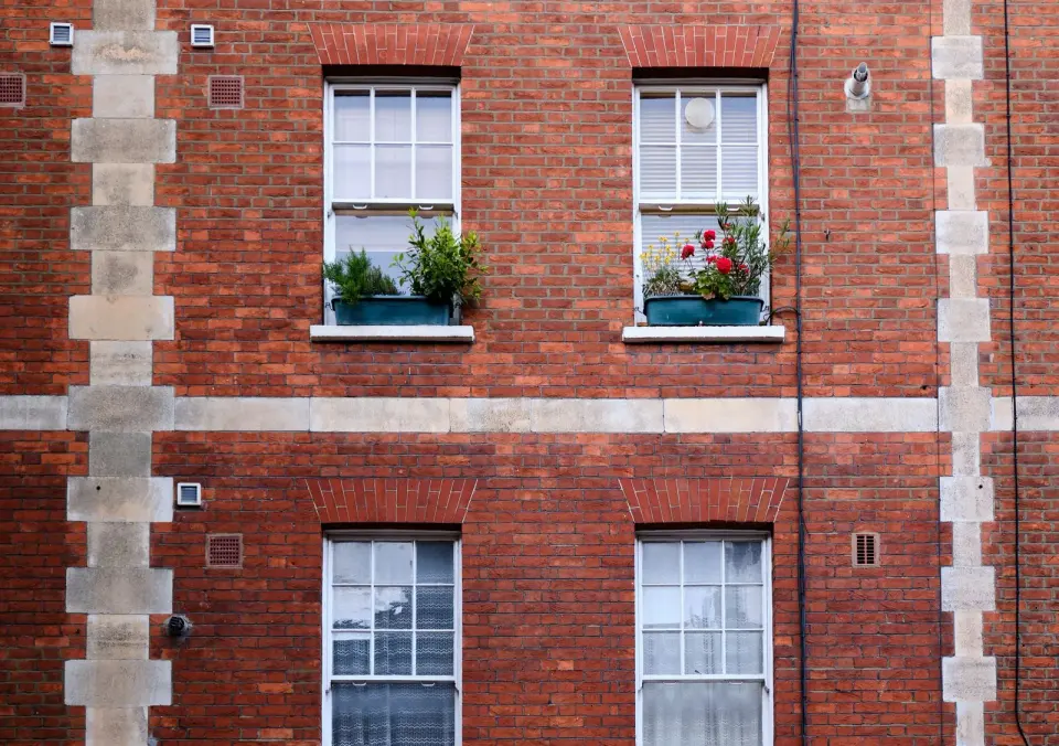 Fachada de ladrillo rojo con dos ventanas de guillotina blancas, cada una con un vierteaguas claro y una jardinera con plantas encima