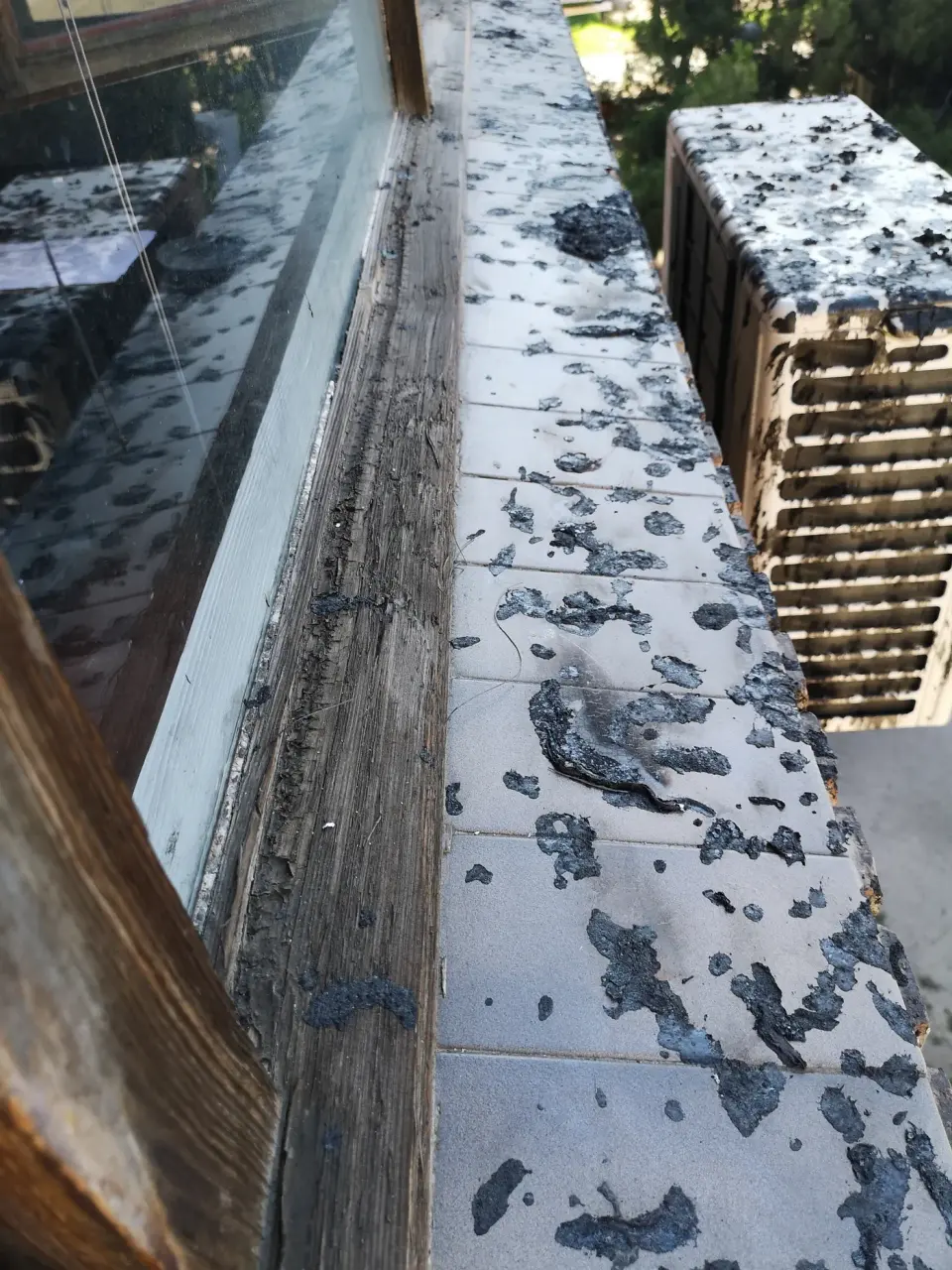 Alféizar exterior de baldosa con manchas oscuras junto a un marco de madera antiguo muy deteriorado, con la persiana al fondo