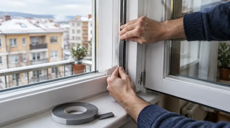 Manos pegando una tira de burlete de espuma gris en el marco de una ventana blanca abierta, con el rollo sobre el alféizar