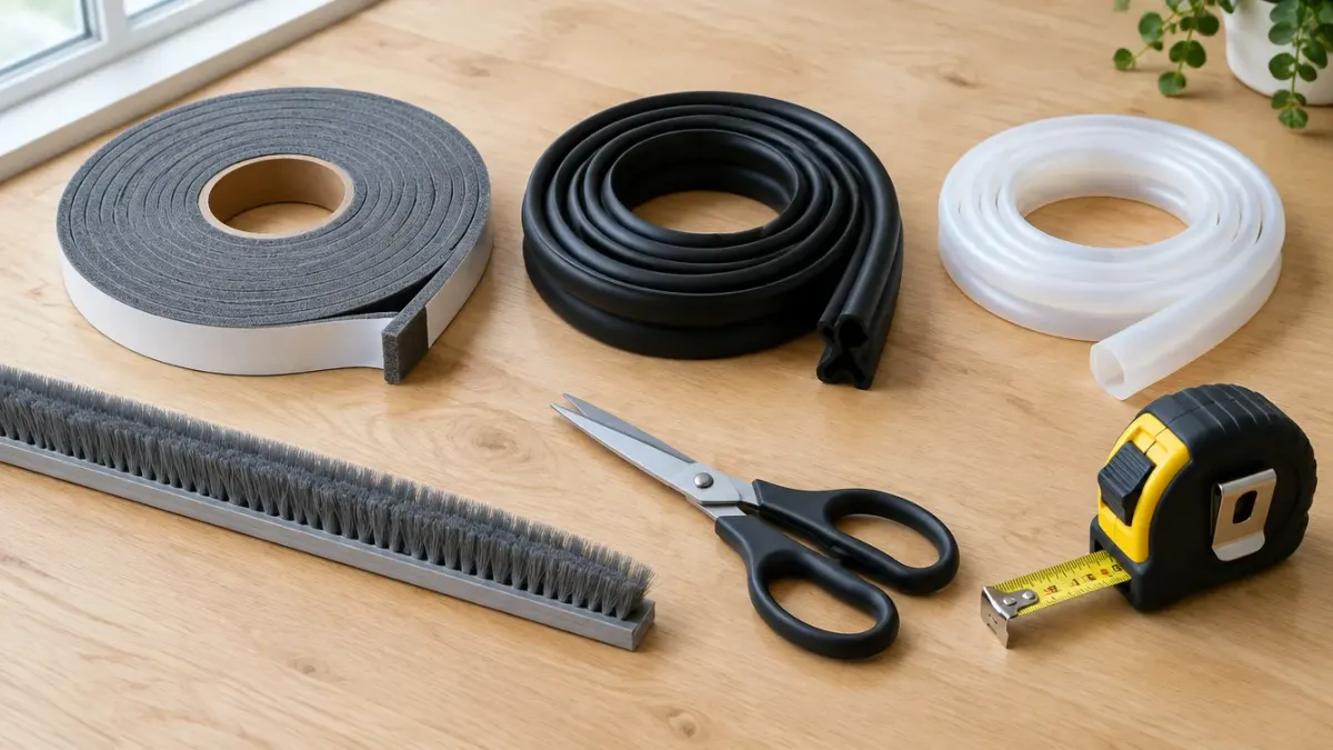 Rollos de burlete de espuma gris, goma negra y silicona blanca, una tira de cepillo, tijeras y un metro sobre una mesa de madera