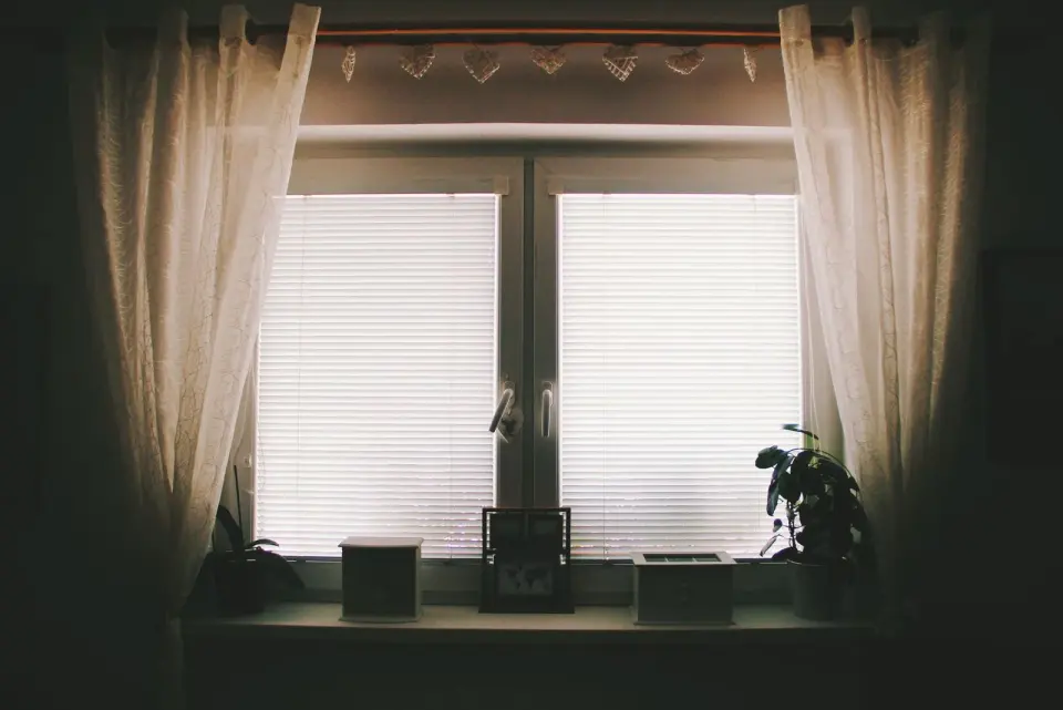 Ventana blanca de dos hojas con estores bajados y cortinas a los lados, con plantas en el alféizar
