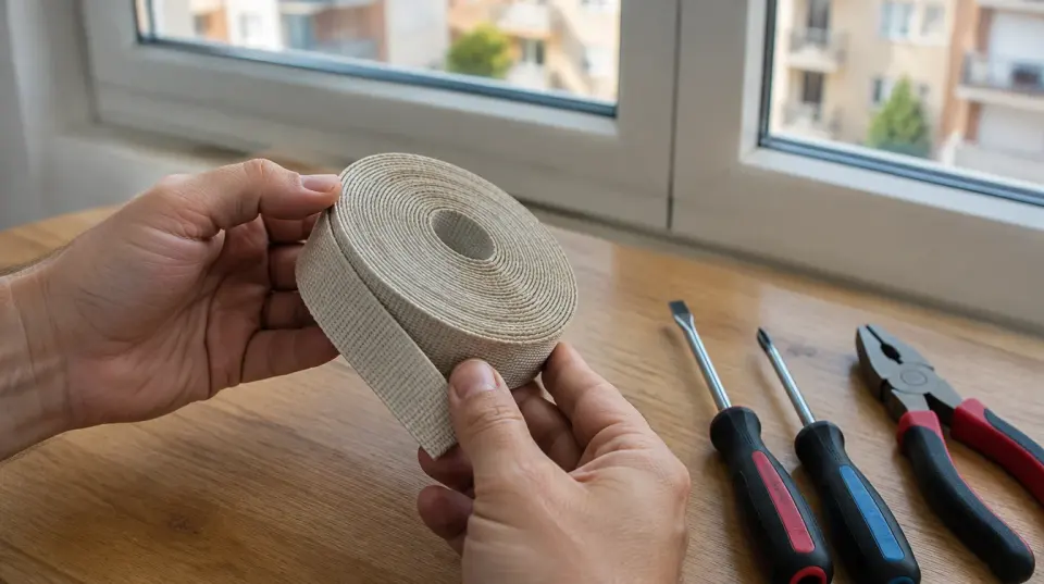 Manos sujetando un rollo de cinta beige de persiana sobre una mesa, con dos destornilladores y unos alicates al lado