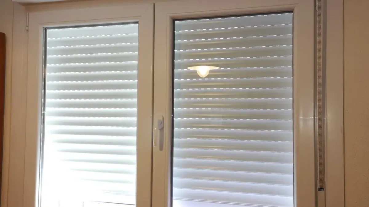 Ventana de PVC blanca de dos hojas con cajón de persiana interior, persiana bajada a media altura y la cinta a la derecha