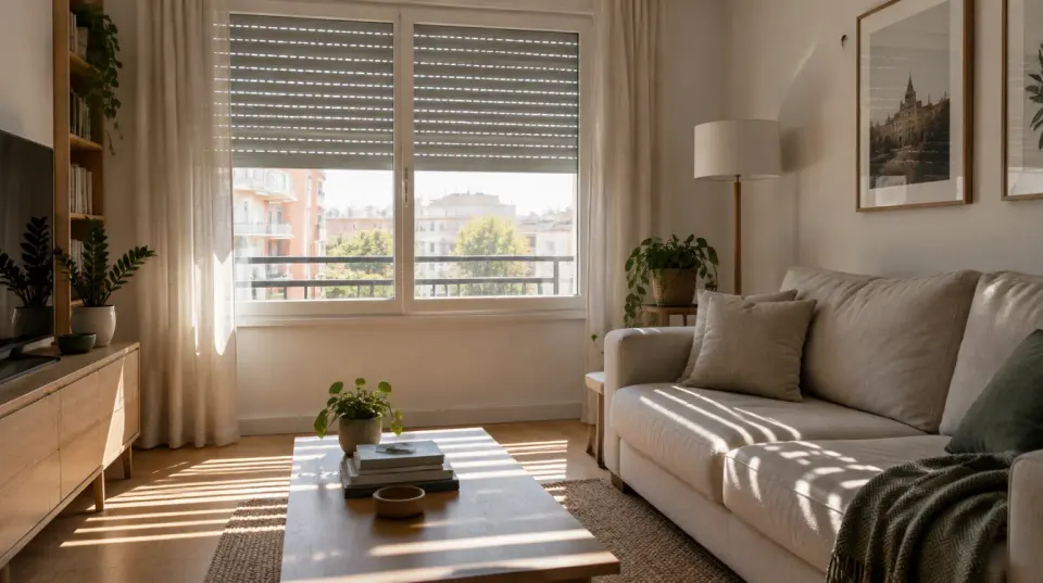 Salón luminoso con una ventana de PVC blanca y la persiana a media altura dejando pasar franjas de luz sobre el suelo y el sofá