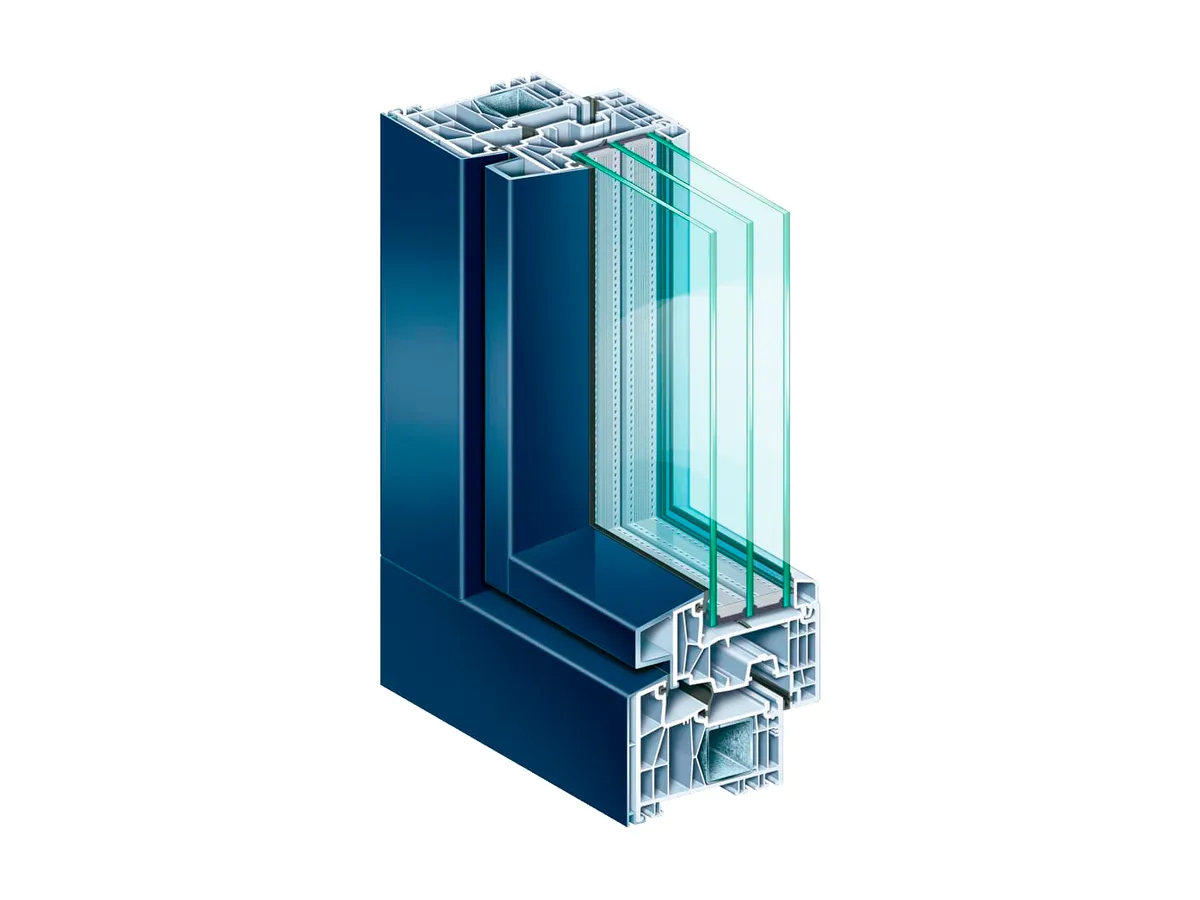Corte del perfil Kömmerling AluClip Zero con revestimiento de aluminio azul