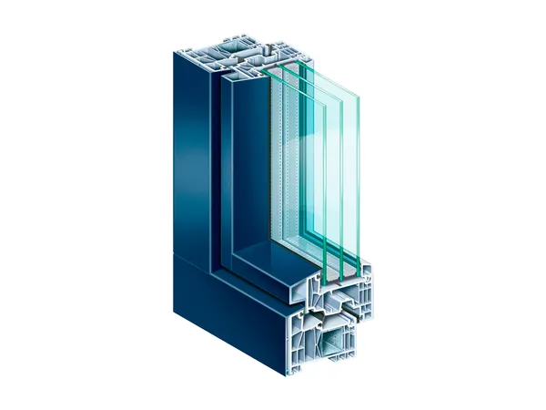 Corte del perfil Kömmerling AluClip Zero con revestimiento de aluminio azul