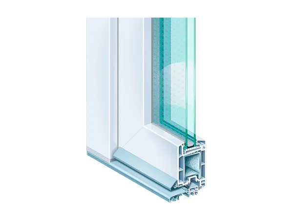 Corte del perfil de puerta Kömmerling EuroFutur Elegance con su umbral