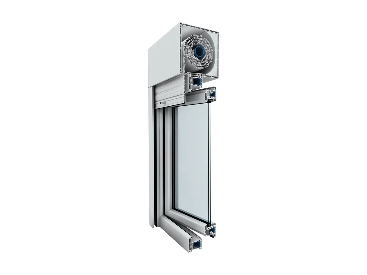 Ventana de PVC blanca con el cajón RolaPlus montado encima, en corte