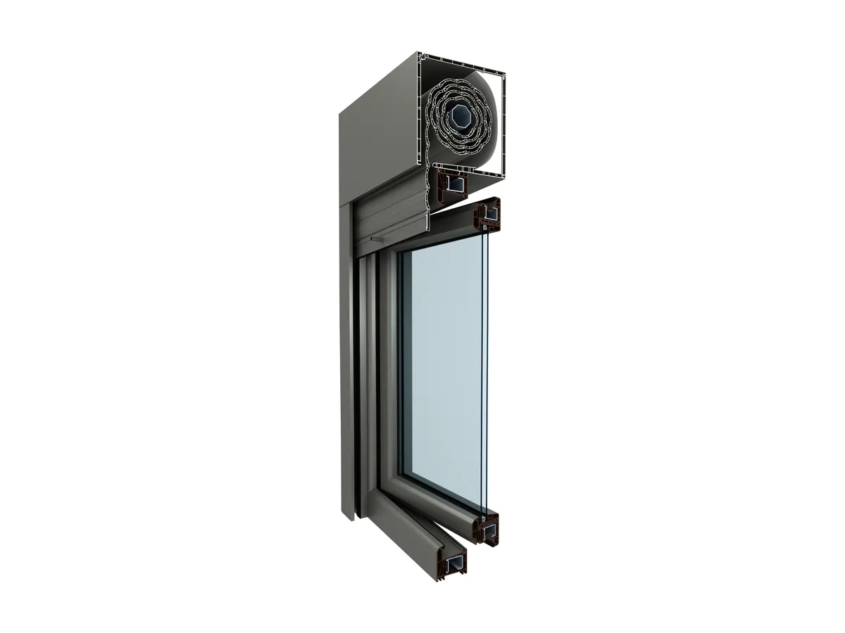 Ventana de PVC en gris con cajón RolaPlus a juego, en corte